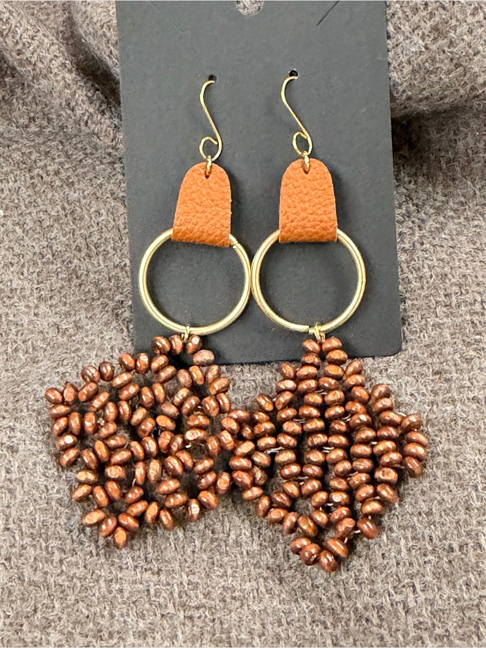 🍀3/$30 Handmade Wooden Copper Bead Hoop Earrings with Tan Leather Accent